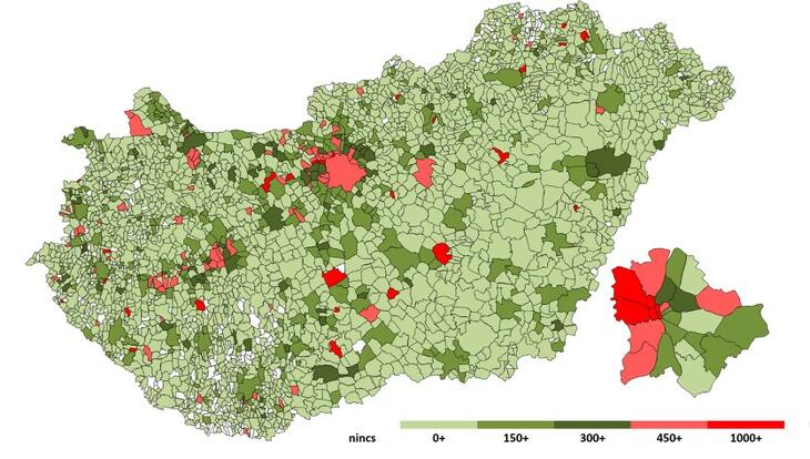 1 lakosra jutó tőkejövedelmek megoszlása települések szerint (2021, ezer forint, forrás: NAV adatai alapján GKI saját számítása)