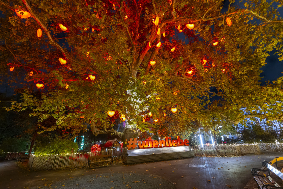 A jellegzetes Herzerlbaum teljes pompájában a bécsi Christkindlmarkt-on