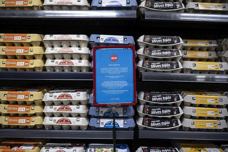 A tojással és a burgonyával kiegészített, élelmiszerárstopról tájékoztató tábla (Fotó: MTI/Szigetváry Zsolt)