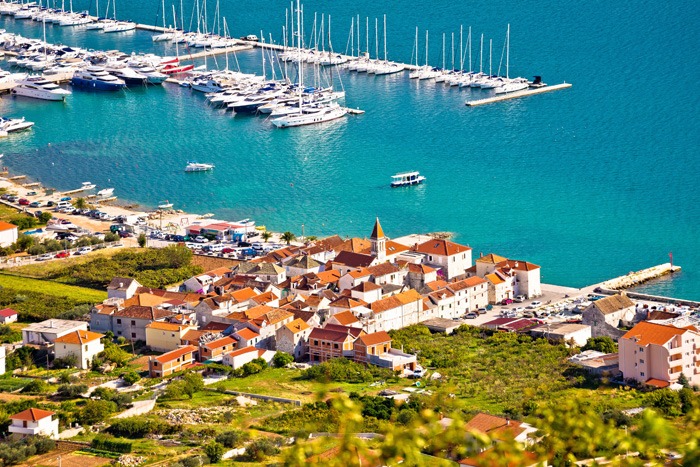 Seget Donji aerial view on the waterfront, Trogir, Croatia, Dalmatia