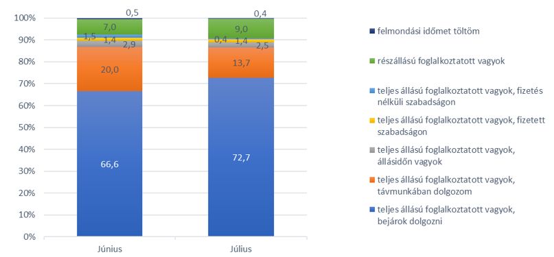 Foglalkoztatási helyzet megoszlása a foglalkoztatottak körében, 2020. június és július (Forrás: GKI)